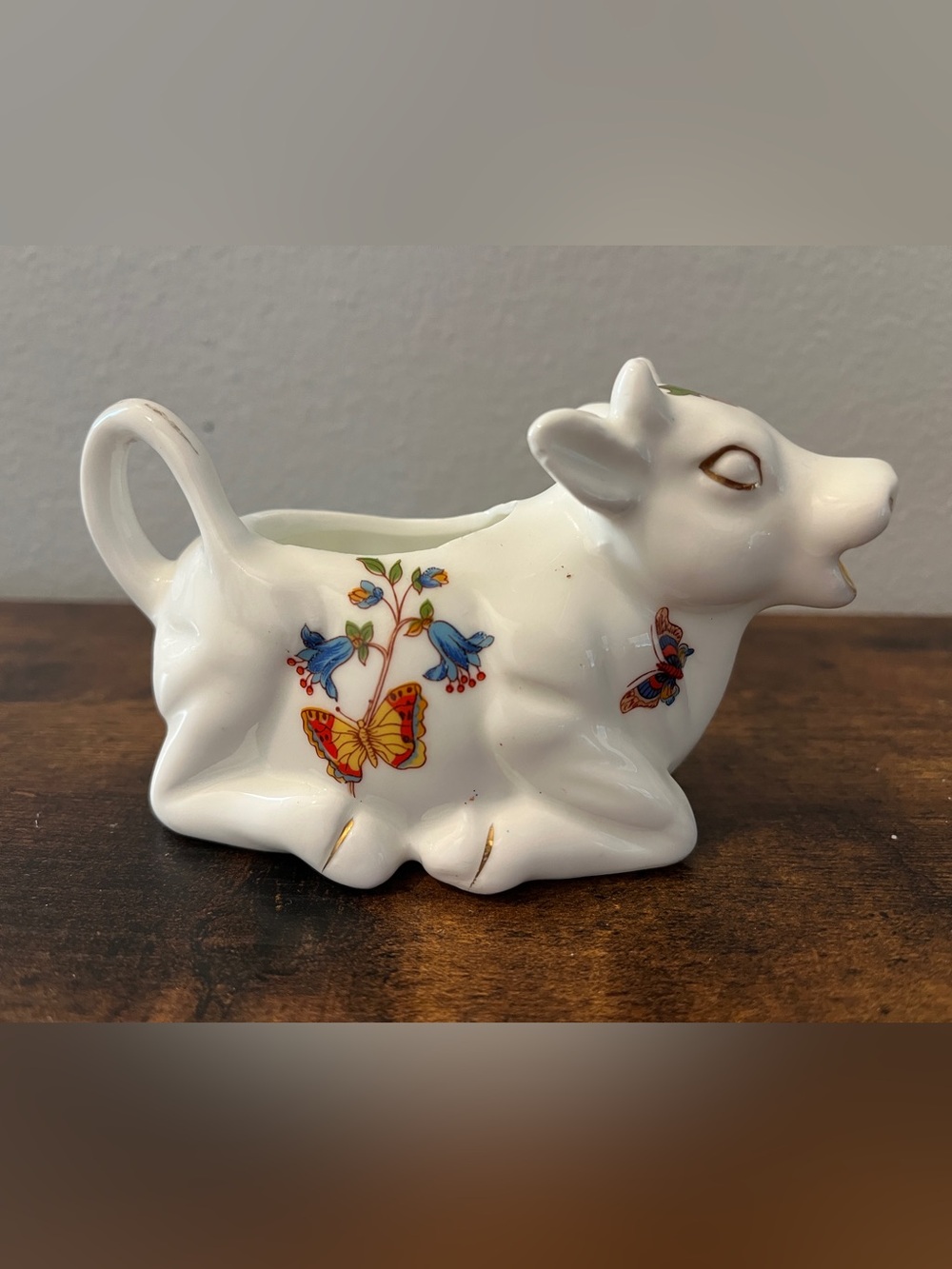 Vintage Decorative White Ceramic Cow Creamer with Butterfly Motif